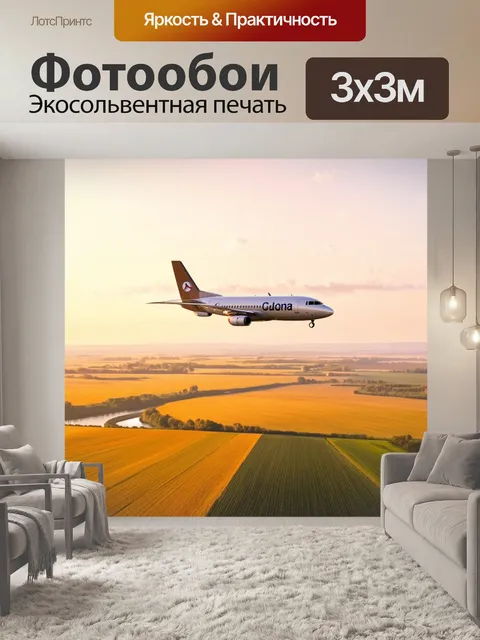 Фотообои самолет, парящий над бескрайними полями и реками во время золотого часа