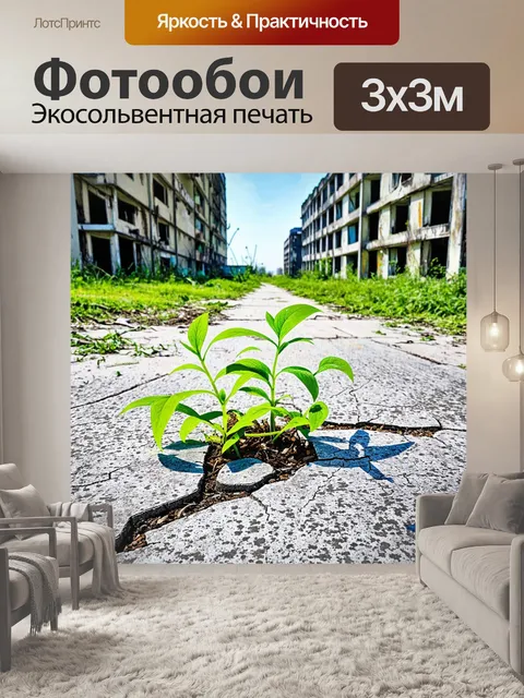 Фотообои в руинах припяти, на фоне заброшенных зданий, природа медленно поглощает город: зелёные растения прорастают…