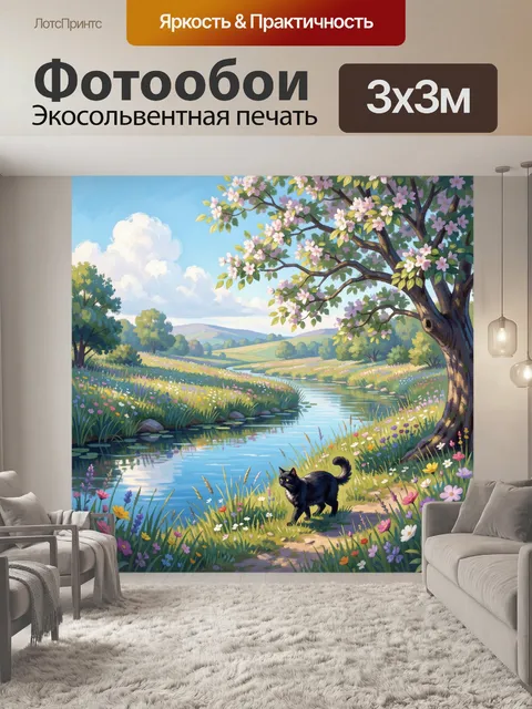 Фотообои Черный кот у весенней реки