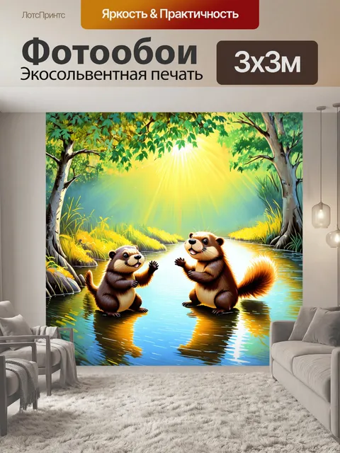 Фотообои бобры, играющие на берегу реки, хвостики взметаются в воздух