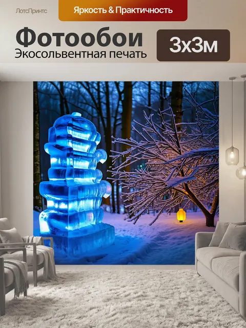 Фотообои зимняя сцена с ледяными скульптурами, подсвеченными мягким светом ночных фонарей