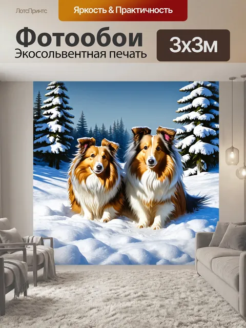 Фотообои изображение двух шелти, зарытых в снежной целине с заснеженными деревьями на фоне