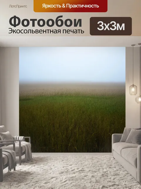 Фотообои туман в стиле скетч: поле с высокими травами, накрытое туманной пробкой, создающее чувство уединения