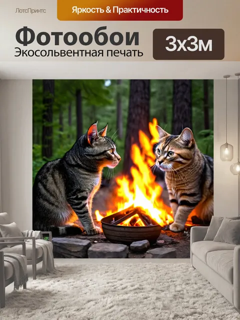 Фотообои кошки, рассказывающие друг другу истории у костра