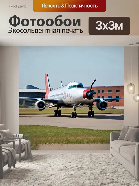 Фотообои крупным планом, туполев на фоне исторического аэропорта, окруженного старыми зданиями и зелеными насаждениями