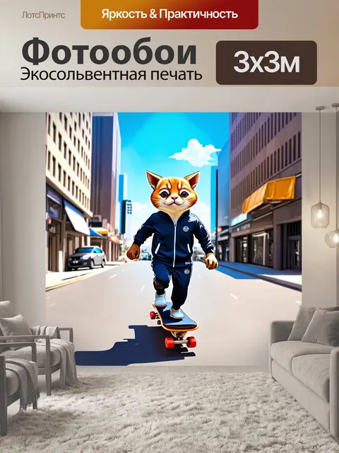 Фотообои забавное животное в спортивном костюме, катающееся на скейтборде по городской улице в яркие солнечные день