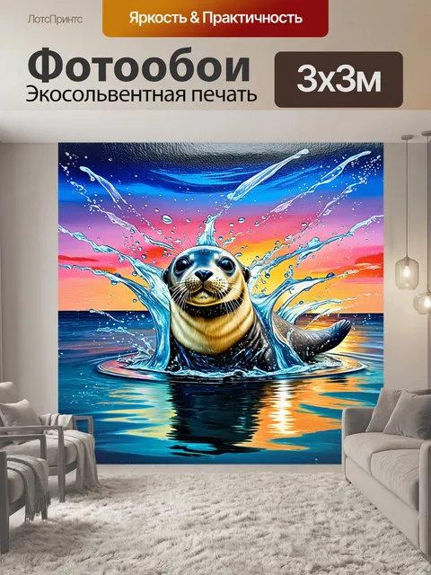 Фотообои забавный тюлень, играющий с водой, капли листают по его голове, а на фоне нежный закат с порывающимся небом