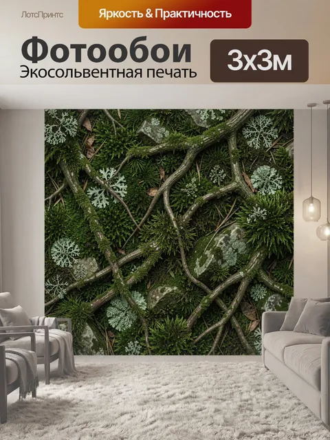 Фотообои Мох, лишайники и ветви на камнях