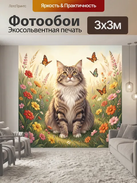 Фотообои Кот в цветущем лугу с бабочками