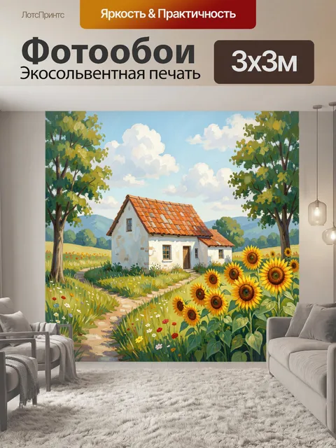 Фотообои Деревенский домик среди подсолнухов
