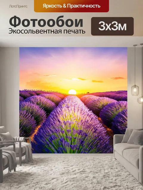 Фотообои япония, вечерний закат над лавандовыми полями, которые указывают на горизонте