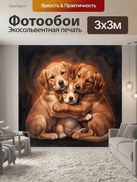 Фотообои Щенки в объятиях троих друзей