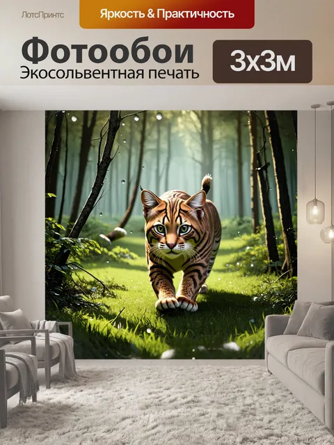 Фотообои дикий кот, крадущийся по густым лесным зарослям на раннем утре, с каплями росы на траве