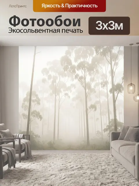 Фотообои Туманный лес с высокими деревьями