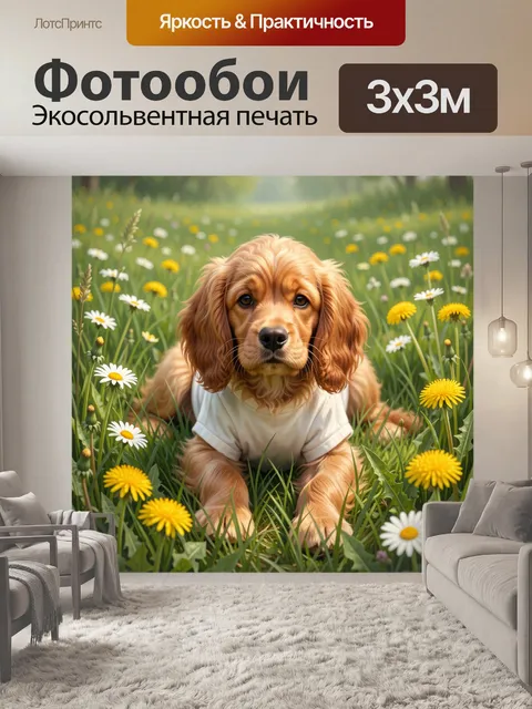 Фотообои Щенок спаниеля в ромашковом поле