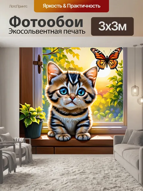 Фотообои британский котенок, наблюдающий за бабочкой через окно, отражая свои большие, любопытные глаза