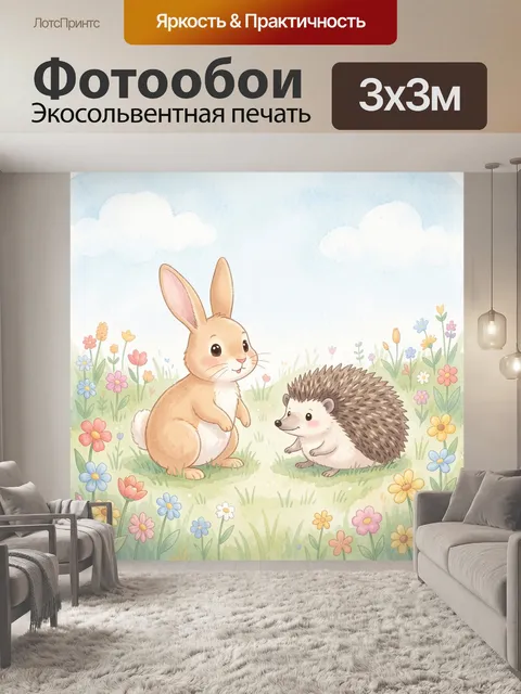 Фотообои Зайчик и ёжик среди цветов