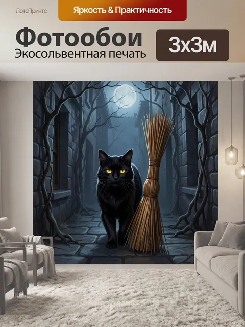 Фотообои Черная кошка у метлы
