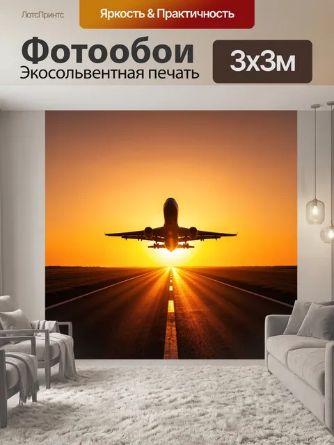 Фотообои Самолет в лучах заката над дорогой