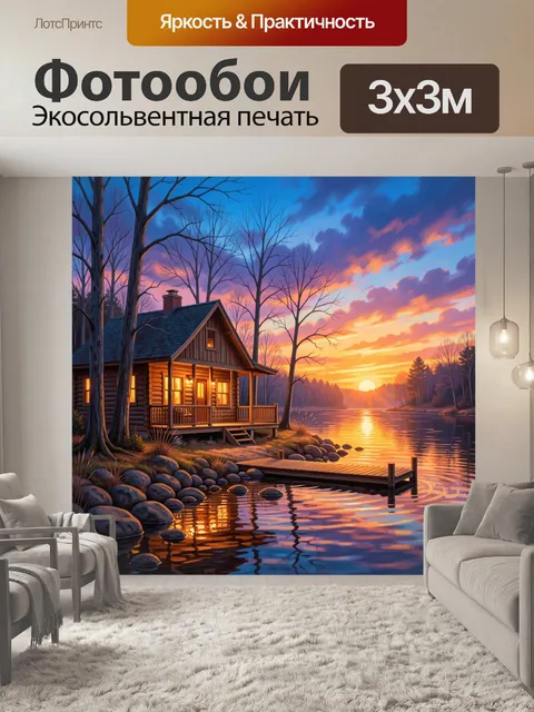 Фотообои Уютный дом у озера на закате