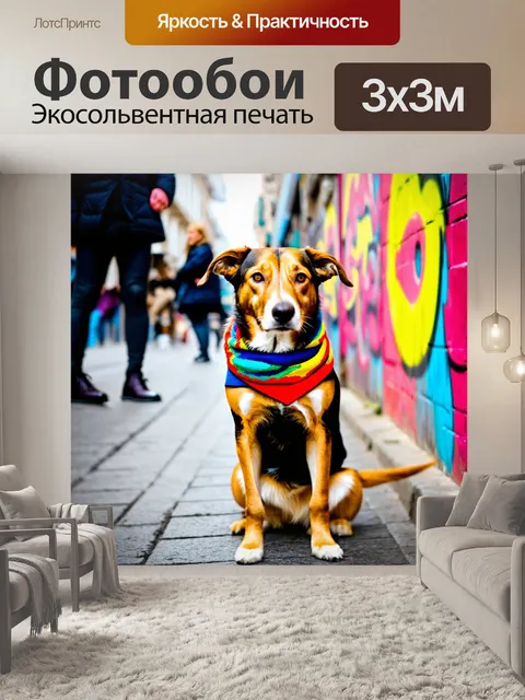 Фотообои собака на городской улице, одетая в красочный шарф, с яркими граффити на стенах и людьми вокруг