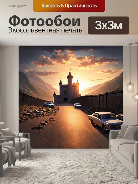 Фотообои в центре композиции находится силуэт замка с высоким каменным забором