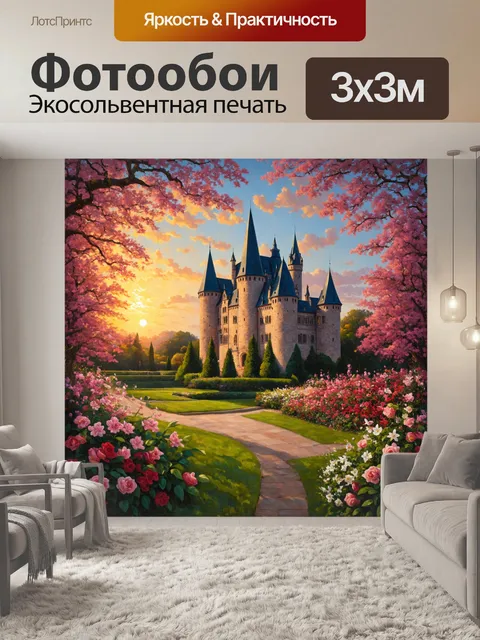 Фотообои винтаж с изображением старинного замка на фоне заката, его башни и шпили обрамлены золотым светом