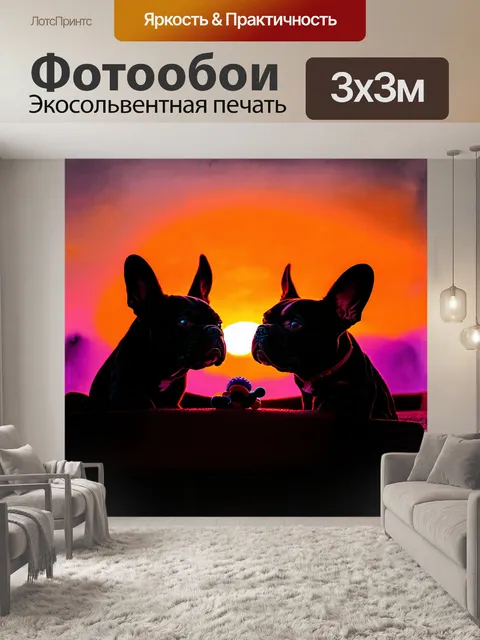 Фотообои французский бульдог, дразнящийся с игрушкой, запечатлен в моменте игры на фоне яркого заката