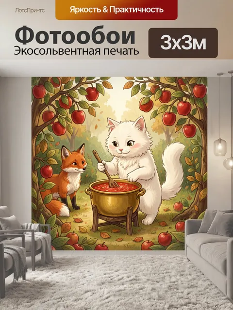 Фотообои Кот и лиса у котла с яблоками