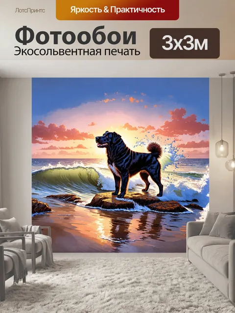 Фотообои ньюфаундленд собака, величественно расположенная на берегу моря, охраняет свою территорию