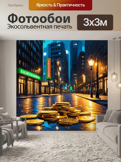 Фотообои мрачный городской пейзаж с высотными зданиями, на которых ярко светятся вывески валютных обменников