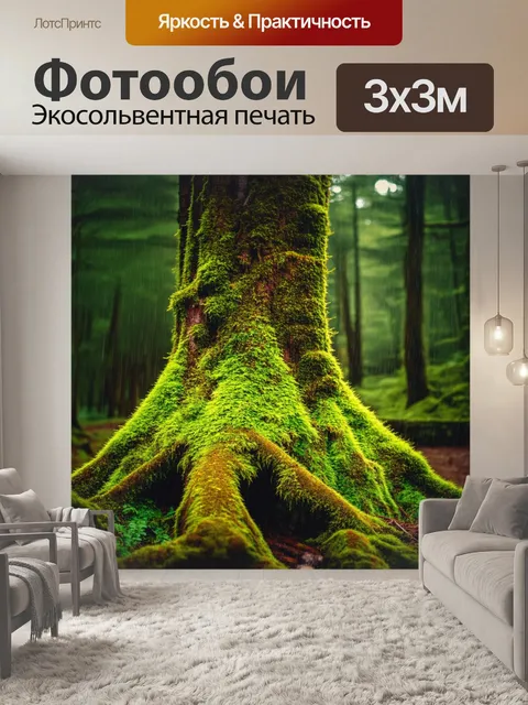 Фотообои дождь в лесу, где мох, покрывающий деревья, становится более ярким и насыщенным цветом