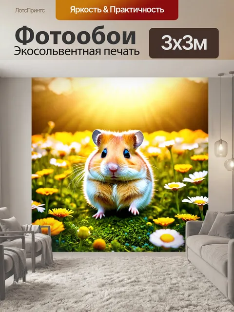 Фотообои животные в стиле люминизм, где красивый хомяк бродит по полю с цветами, окруженный сияющими солнечными лучами