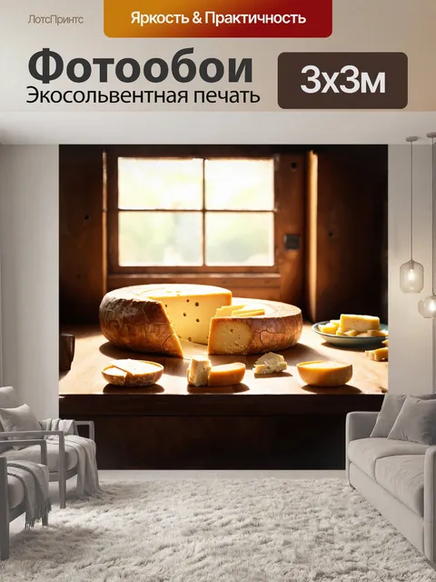 Фотообои огромное колесо сыра лежит на деревянном столе