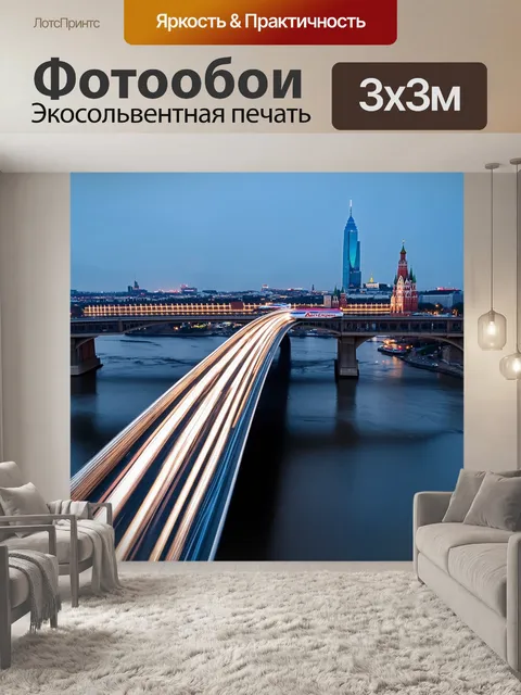 Фотообои видеосъемка, показывающая аэроэкспресс, мчащийся по мосту через москву-реку, на горизонте высокие здания