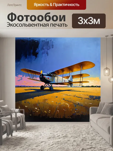 Фотообои в сумерках, когда последние лучи заката освещают старинный самолет братьев райт, одну из его крыльев…