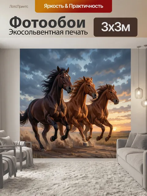 Фотообои Три скачущие лошади на закате