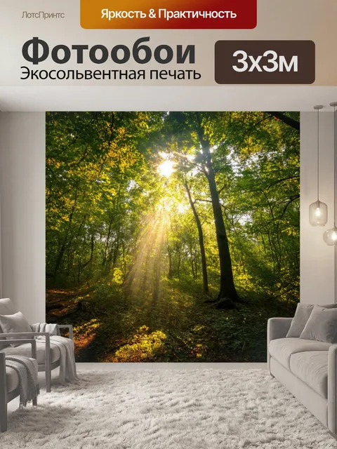 Фотообои лес с солнечными лучами, пробивающимися сквозь листья
