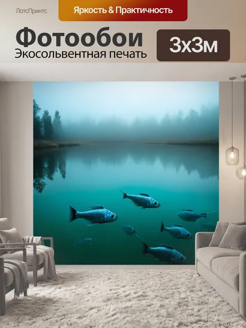 Фотообои туман в стиле сюрреализм, озеро с зеркальной поверхностью, под которым плавают странные рыбы в тумане