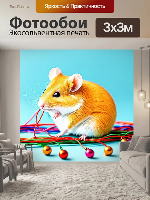 Фотообои золотой хомяк изготавливает миниатюрные украшения из цветных проволоки и крошечных ёлочных шариков