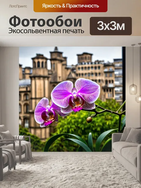 Фотообои орхидея, растущая на фоне старинной архитектуры, с контрастом между природой и городом