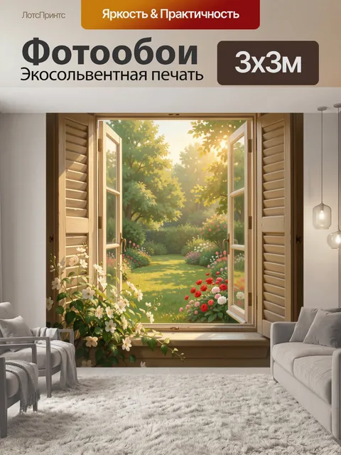 Фотообои Открытое окно в цветущий сад