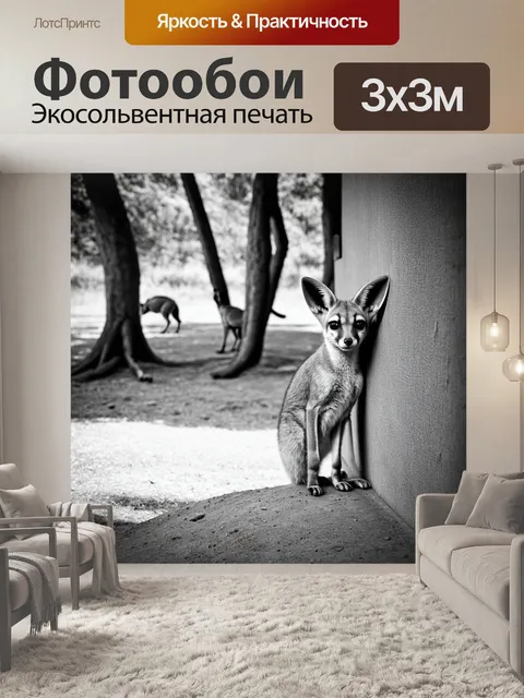 Фотообои спокойный момент в зоопарке, где фенек лежит, облокотившись на стену, в тени больших деревьев