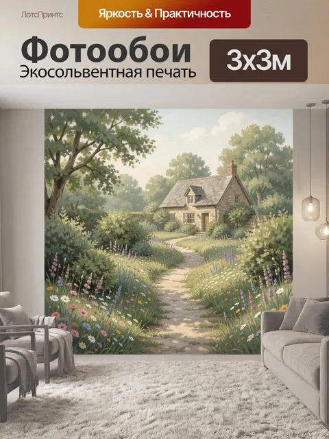Фотообои Каменный коттедж в цветущем саду