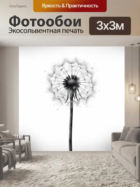 Фотообои Черно-белый одуванчик акварелью