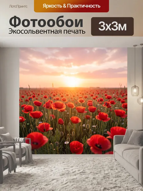 Фотообои Поле красных маков на закате