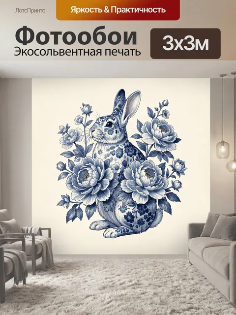 Фотообои Кролик среди синих цветов