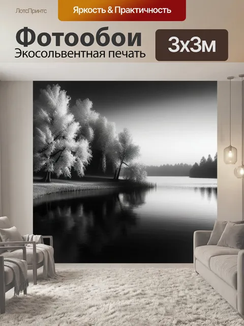 Фотообои красивый пейзаж с озером чернобелый