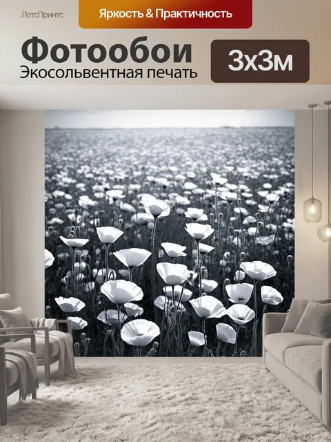 Фотообои цветы в стиле рендер с маковыми полями в стильной монохромной палитре
