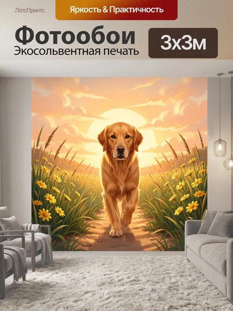 Фотообои Золотистый ретривер в цветочном поле